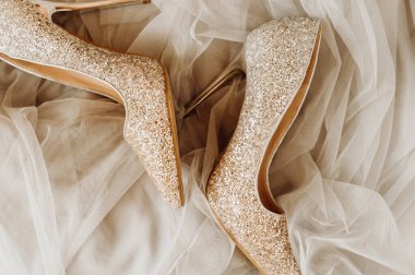 Sivri burunlu altın renkli tatil ayakkabıları bej tül kumaş, tatil düzeni, seçici odak