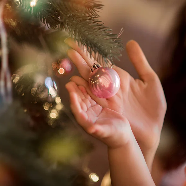 Sparren Tak Rieten Mand Achtergrond Van Mooie Kerstversierde Kamer Met — Stockfoto