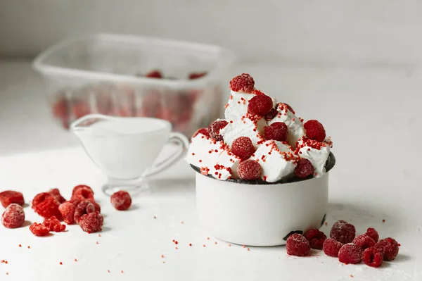 Slices White Milk Ice Cream Fresh Red Berries Ripe Raspberries — Stock Photo, Image