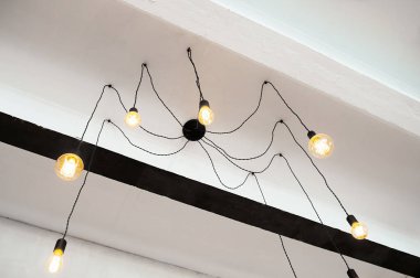 Beyaz tavanda alışılmadık siyah tavan arası avizesi. Avize örümceğe benziyor..