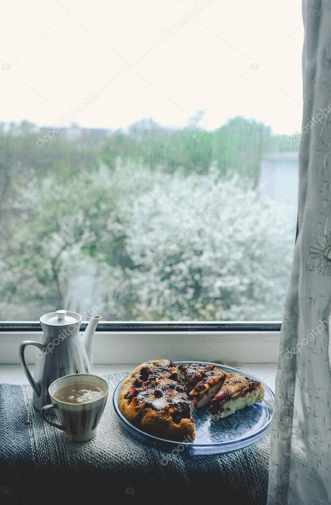 cozy home tea party by window in bad weather. Porcelain white teapot and cup with tea, homemade berry pie on a round blue plate against a flowering tree on the street outside the window with curtain