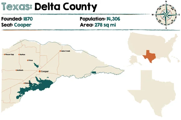 美国德克萨斯州三角洲县详细地图 — 图库矢量图片