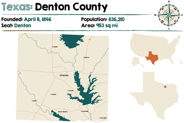 Detaillierte Karte Von Denton County Texas Usa — Stockvektor