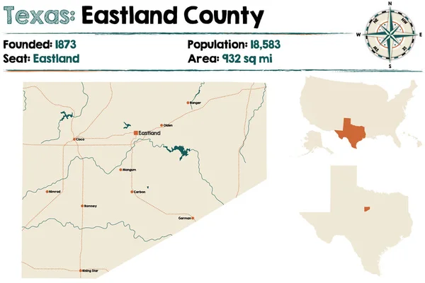 Gedetailleerde Kaart Van Eastland County Texas Verenigde Staten — Stockvector