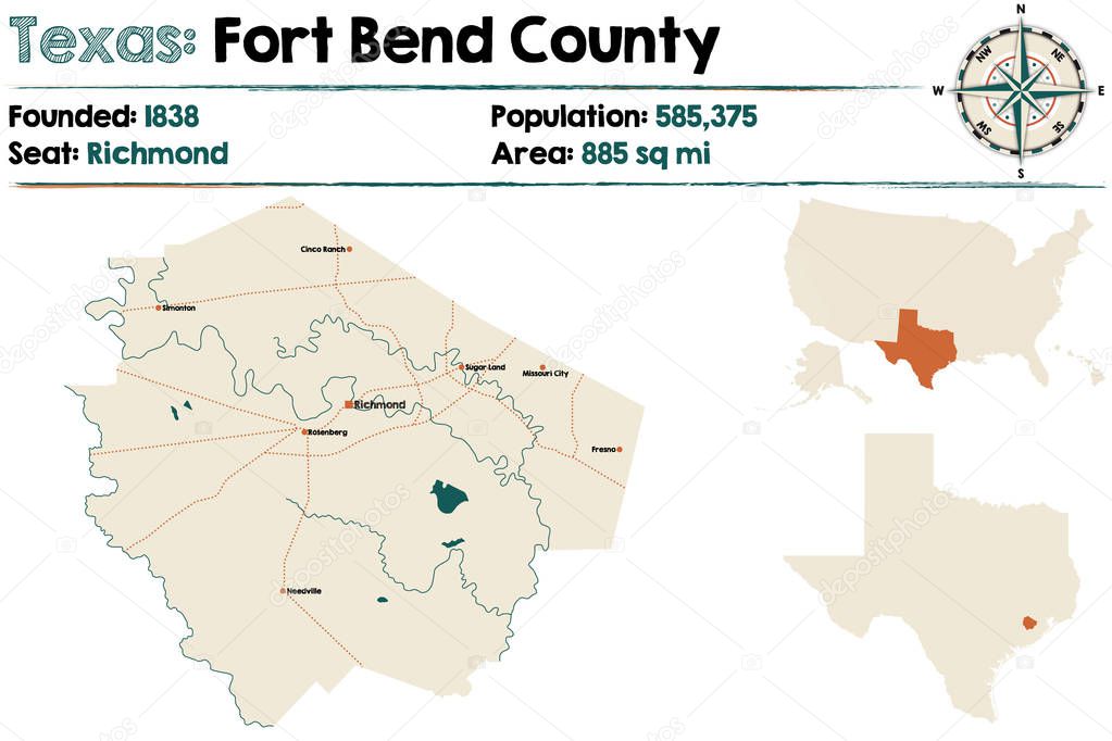 Detailed map of Fort Bend county in Texas, USA.