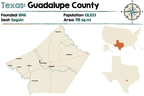 Detaillierte Karte Von Guadalupe County Texas Vereinigte Staaten — Stockvektor