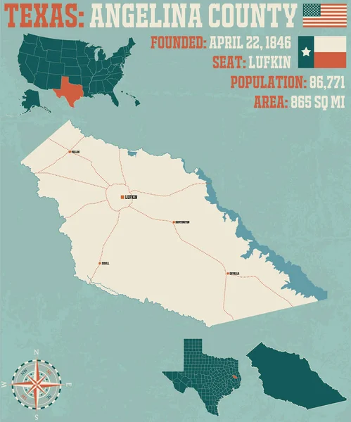 Mapa Detallado Condado Angelina Texas Estados Unidos — Archivo Imágenes Vectoriales