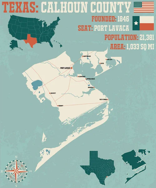Mapa Detallado Condado Calhoun Texas Estados Unidos — Archivo Imágenes Vectoriales