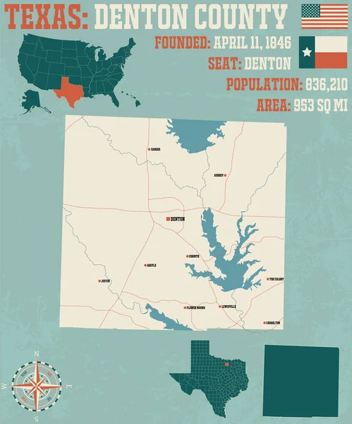 Szczegółowa Mapa Denton County Teksasie Usa — Wektor stockowy