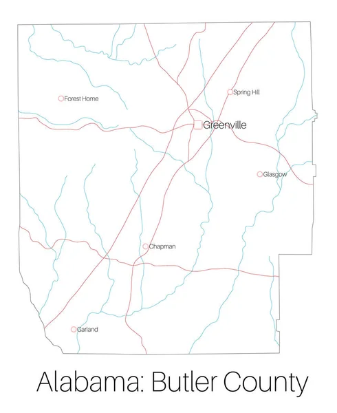 Mapa Detallado Condado Butler Alabama Estados Unidos — Archivo Imágenes Vectoriales