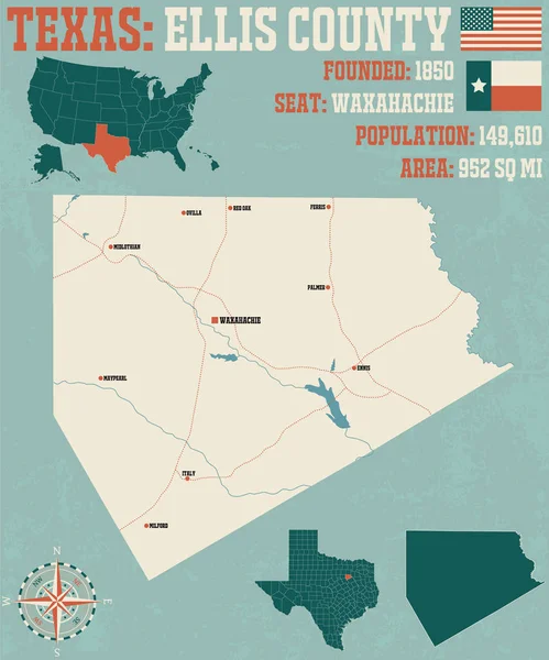 Mapa Detallado Ellis County Texas Estados Unidos — Archivo Imágenes Vectoriales