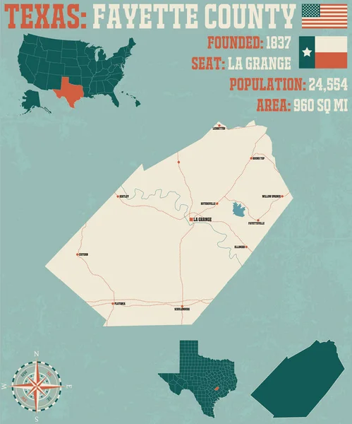 Detaillierte Karte Von Fayette County Texas Usa — Stockvektor