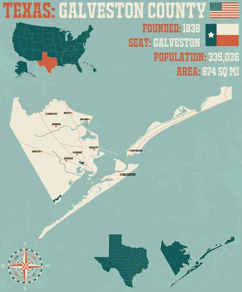 Szczegółowa Mapa Hrabstwo Galveston Stanie Teksas Stany Zjednoczone Ameryki — Wektor stockowy