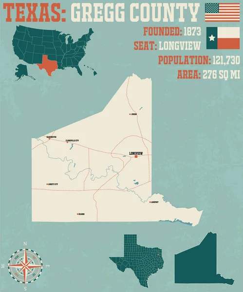 Mapa Detalhado Condado Gregg Texas Eua — Vetor de Stock