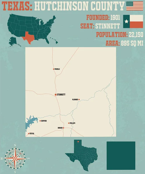 Szczegółowa Mapa Hrabstwo Hutchinson Stanie Teksas Stany Zjednoczone Ameryki — Wektor stockowy
