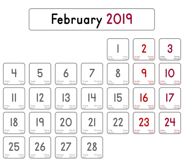 Подробный Ежедневный Календарь Февраля 2019 Года — стоковый вектор