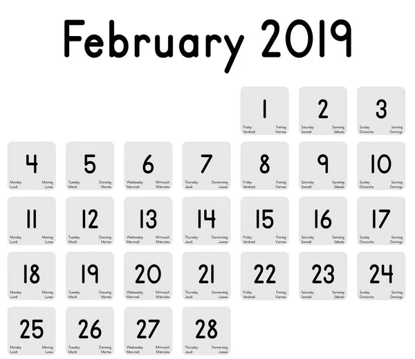 Detaillierter Tageskalender Des Monats Februar 2019 — Stockvektor