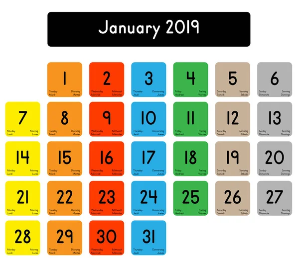 Подробный Ежедневный Календарь Января 2019 Года — стоковый вектор