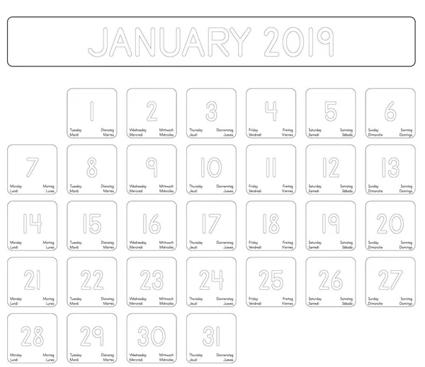 Detailed Daily Calendar Month January 2019 — Stock Vector