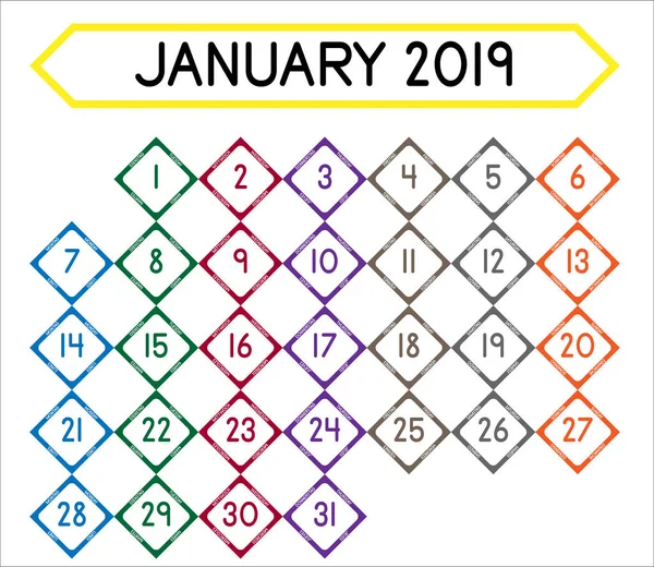 Detailed Daily Calendar Month January 2019 — Stock Vector