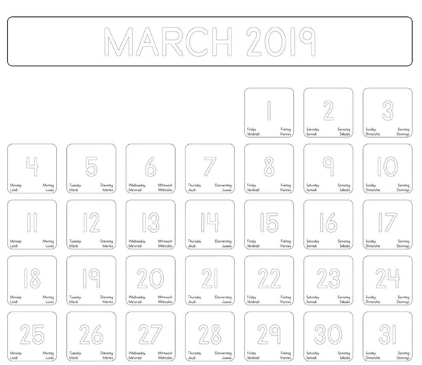 Detailed Daily Calendar Month March 2019 — Stock Vector