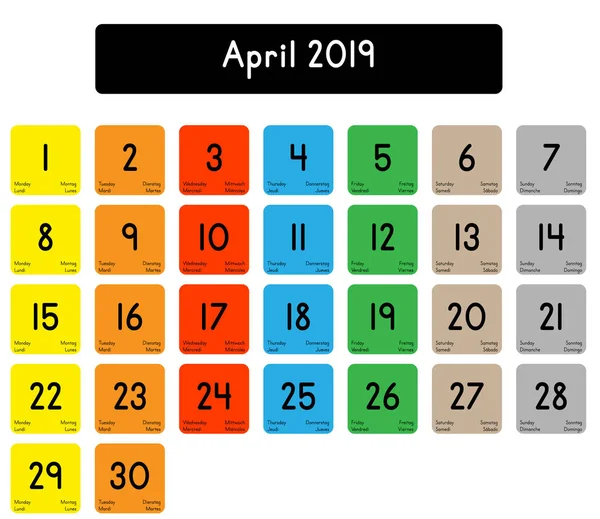 Подробный Ежедневный Календарь Апреля 2019 Года — стоковый вектор