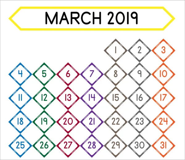 Detailed Daily Calendar Month March 2019 — Stock Vector