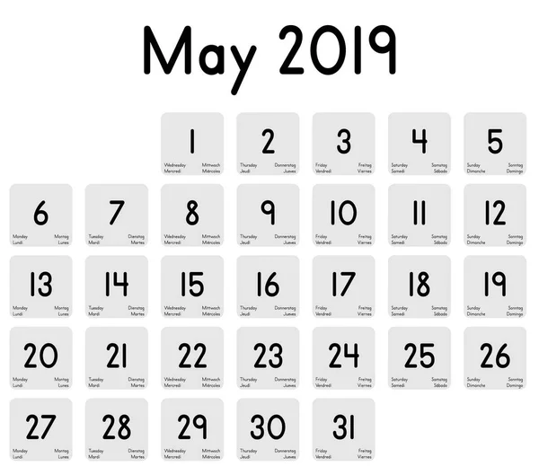 Подробный Ежедневный Календарь Мая 2019 Года — стоковый вектор