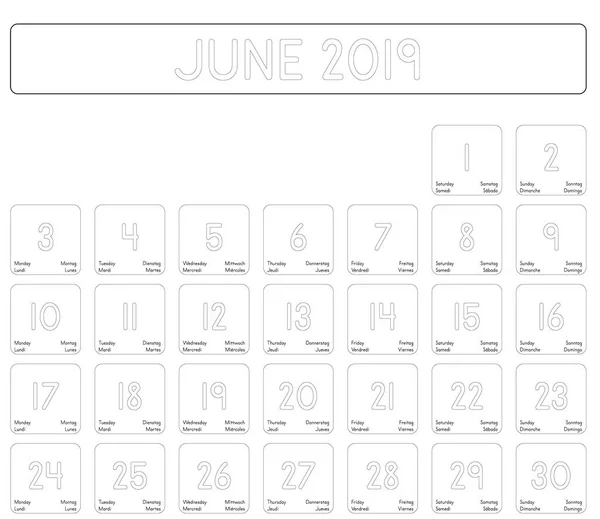 Подробный Ежедневный Календарь Июня 2019 Года — стоковый вектор