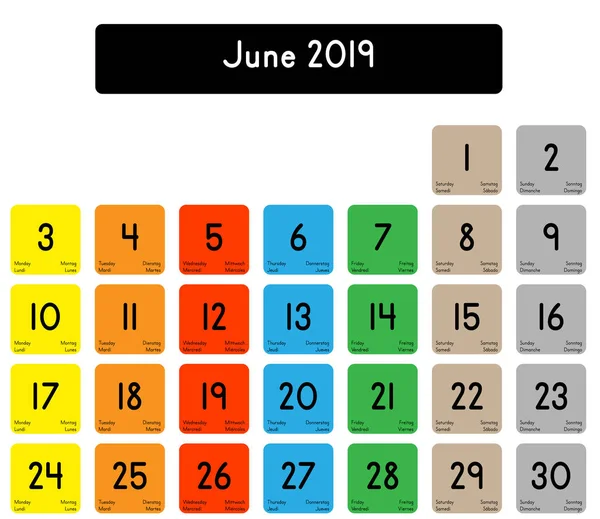 Detaillierter Tageskalender Des Monats Juni 2019 — Stockvektor