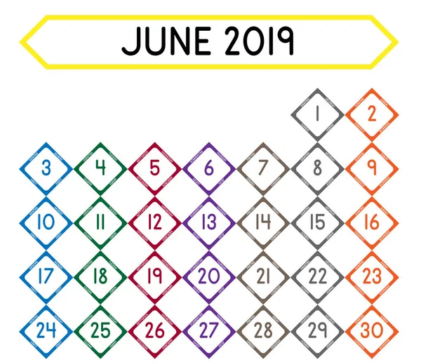 Detaillierter Tageskalender Des Monats Juni 2019 — Stockvektor