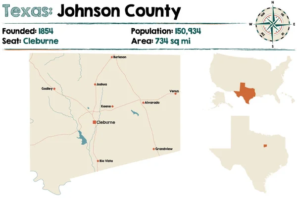 Detaillierte Karte Von Johnson County Texas Usa — Stockvektor