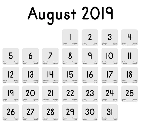 Detailed Daily Calendar Month August 2019 — Stock Vector