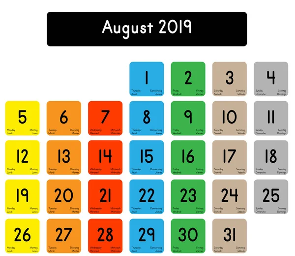 Szczegółowy Kalendarz Miesiąca Sierpnia 2019 — Wektor stockowy