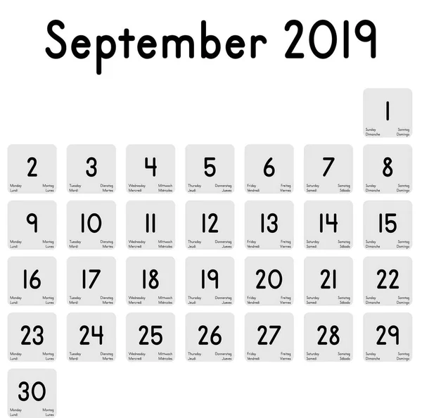 Detaillierter Tageskalender Des Monats September 2019 — Stockvektor