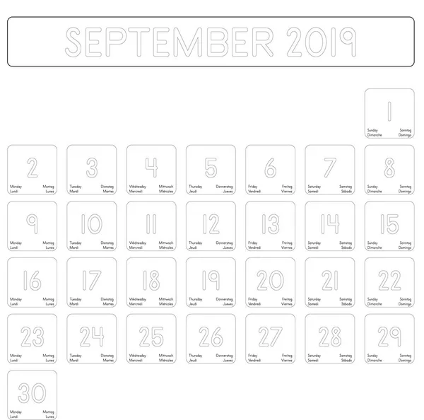 Detaillierter Tageskalender Des Monats September 2019 — Stockvektor