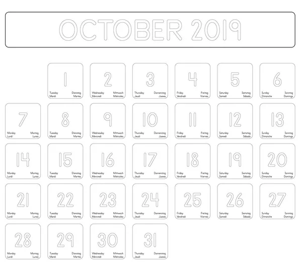 Detaljerad Daglig Kalender Månad Oktober 2019 — Stock vektor