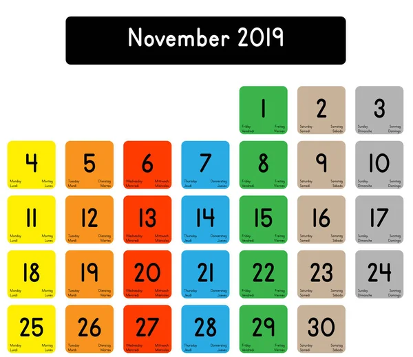 Detailed Daily Calendar Month November 2019 — Stock Vector