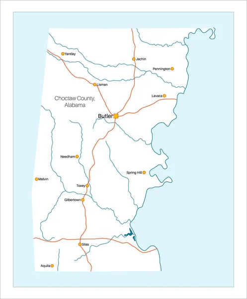 Szczegółowe Duża Mapa Choctaw County Stanie Alabama Stany Zjednoczone Ameryki — Wektor stockowy