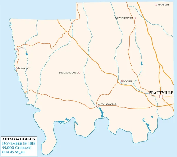 Velká Podrobná Mapa Autauga County Alabamě Usa — Stockový vektor