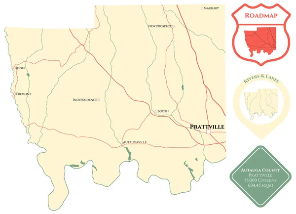 Mapa Grande Detallado Del Condado Autauga Alabama — Archivo Imágenes Vectoriales