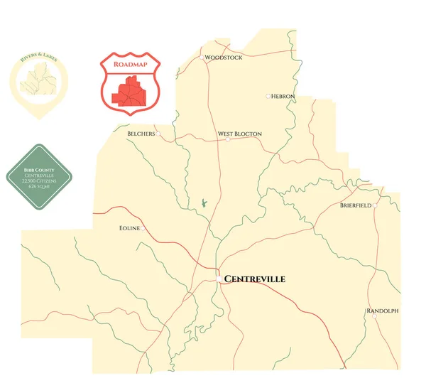 Mapa Grande Detallado Del Condado Bibb Alabama Estados Unidos — Archivo Imágenes Vectoriales