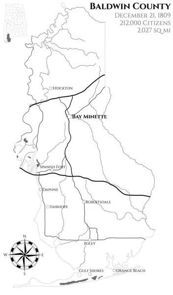 Велика Детальна Карта Болдуін Округу Штаті Алабама Сша — стоковий вектор