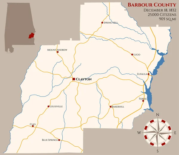 Велика Детальна Карта Барбур Округу Штаті Алабама Сша — стоковий вектор