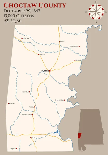 Stor Och Detaljerad Karta Över Choctaw County Alabama Usa — Stock vektor