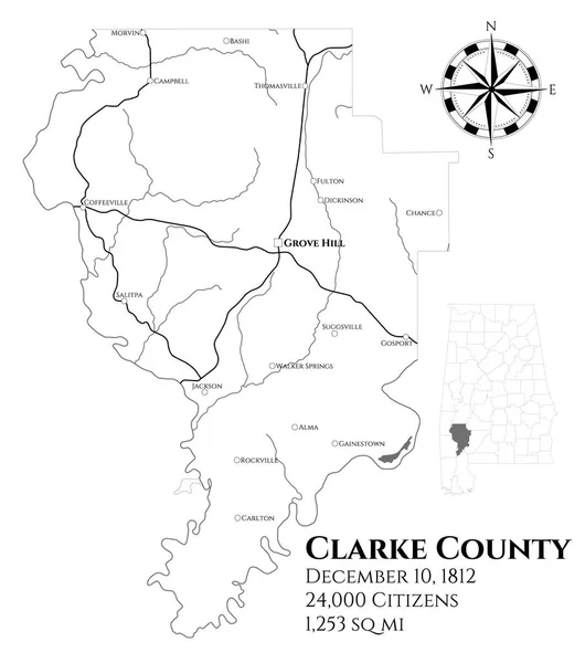 Clarke Ilçe Alabama Abd Büyük Ayrıntılı Haritası — Stok Vektör