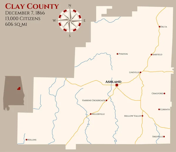 米国アラバマ州クレイ郡の大規模かつ詳細な地図 — ストックベクタ
