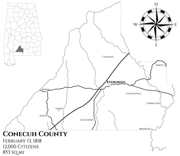 Stor Och Detaljerad Karta Över Conecuh County Alabama Usa — Stock vektor