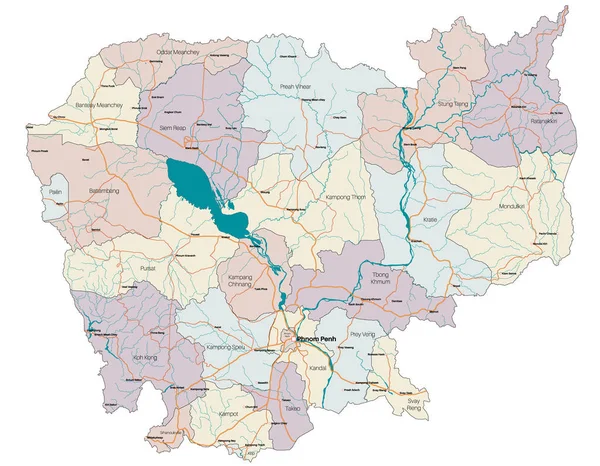 Μεγάλη Και Λεπτομερής Χάρτης Του Κράτους Της Καμπότζης Στην Ασία — Διανυσματικό Αρχείο