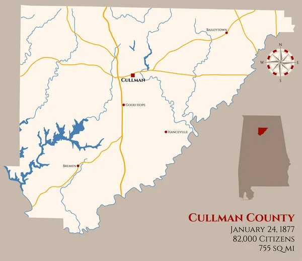 Stor Och Detaljerad Karta Över Cullman Län Alabama Usa — Stock vektor